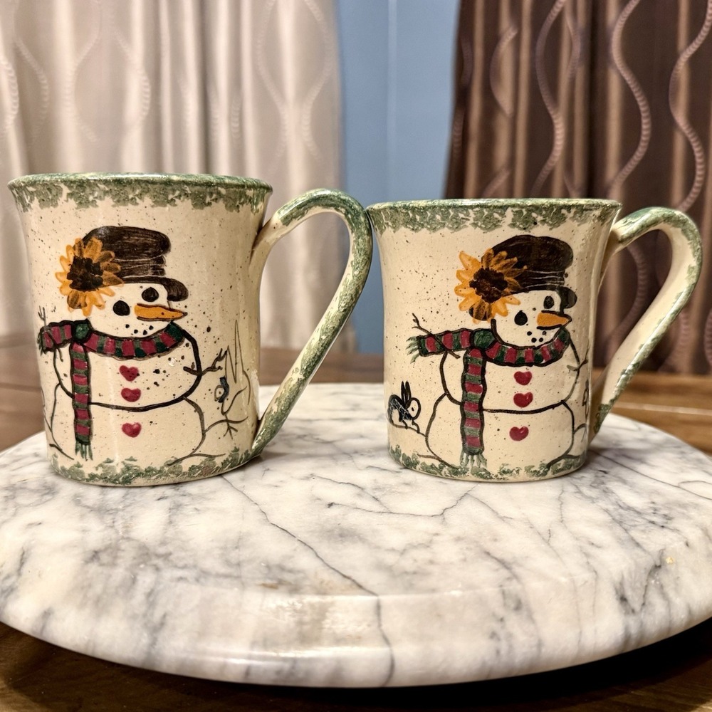 2pc VTG 90s Y2K G Miller Pottery Rabbit SNOWMAN Salt Glaze Mug Hand Painted USA